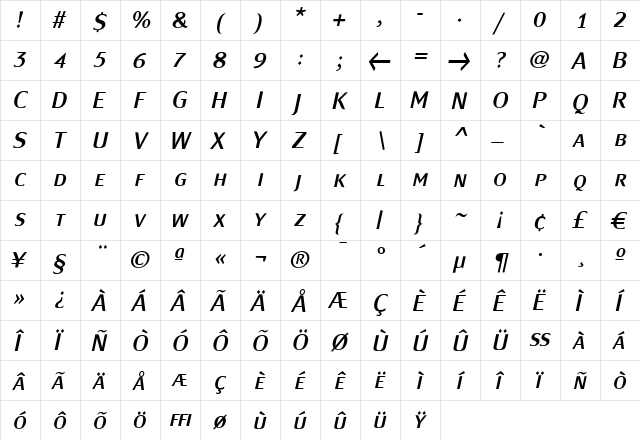 MondialPlus Demi Italic Caps Regular  glyph index