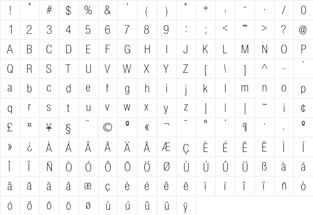 Colnova Light  glyph index