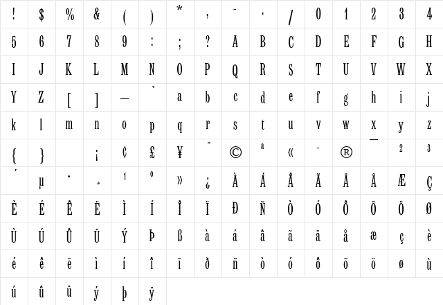 Latin MT Condensed Regular  glyph index