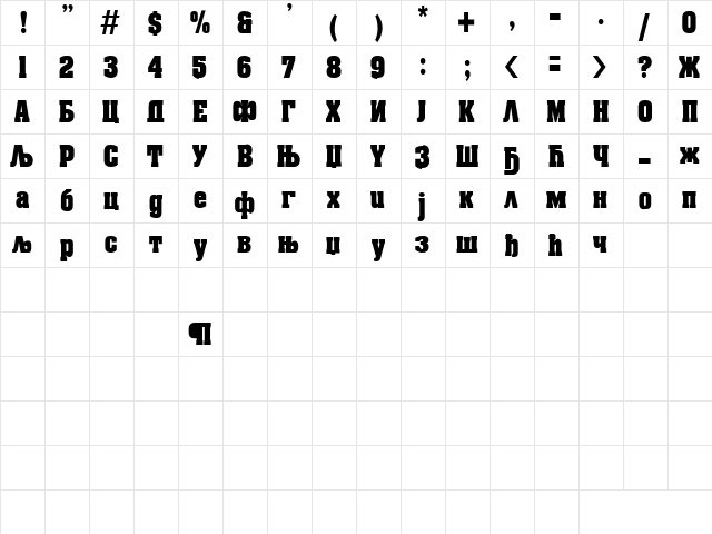 Aardvark Cirilica Regular  glyph index