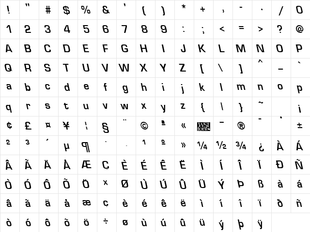 EuroseCondBackslant Bold  glyph index