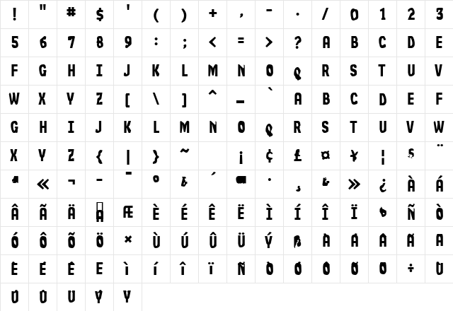 Not So Slim Jim Regular  glyph index