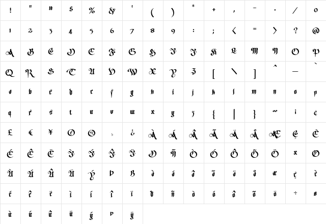 Hellfire BB Regular  glyph index