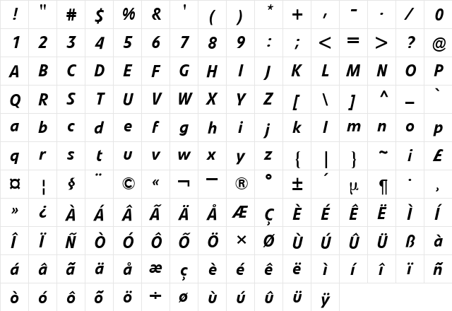 Evo BQ Italic  glyph index
