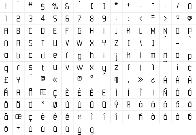 45Degrees Regular  glyph index