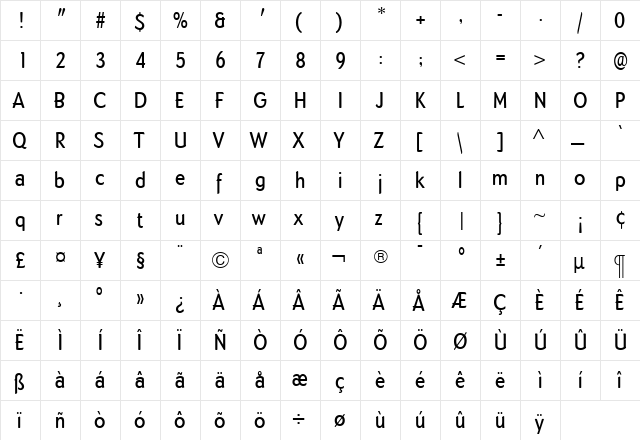 DundeeMedCond Regular  glyph index