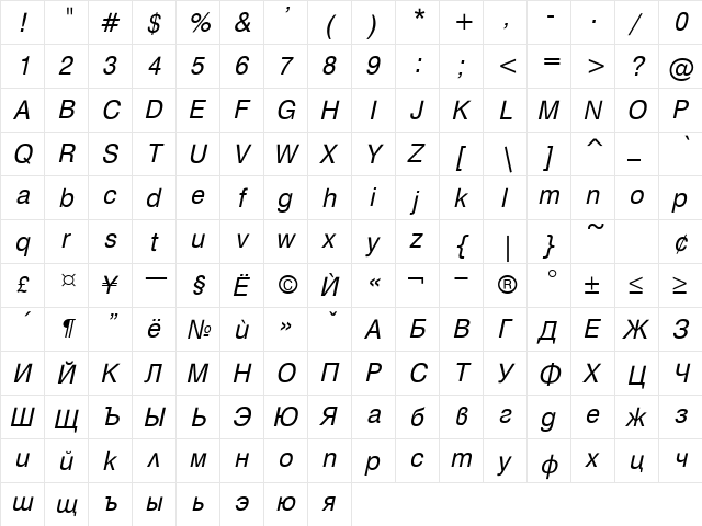 HebarB Italic  glyph index