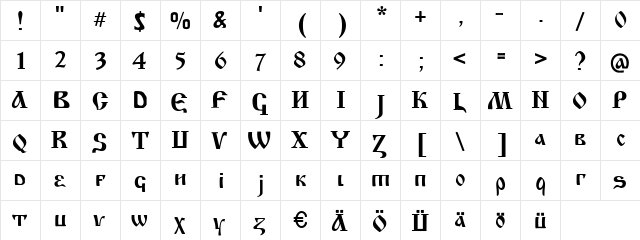 Krasni Fellows Regular  glyph index