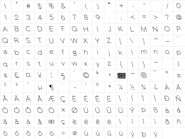 PhinsterLeftyFine Regular  glyph index