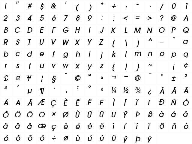 TrendexLightSSK Bold Italic  glyph index