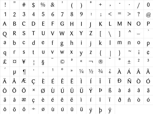 Barmeno Regular  glyph index