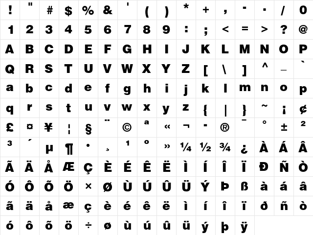 Helvetica Black  glyph index