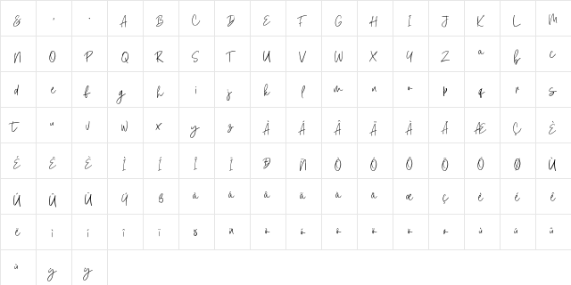 Amirah Brillone Regular  glyph index