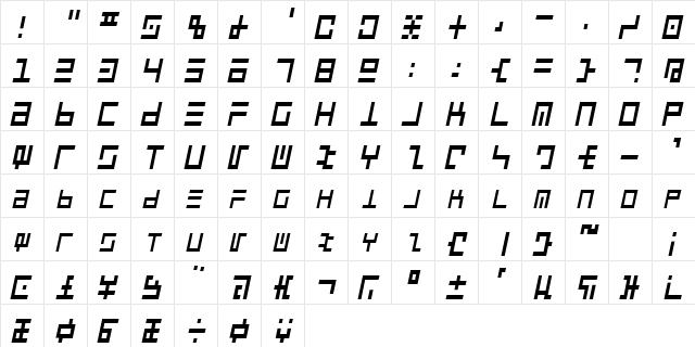 CyberspeakCondensed Oblique  glyph index
