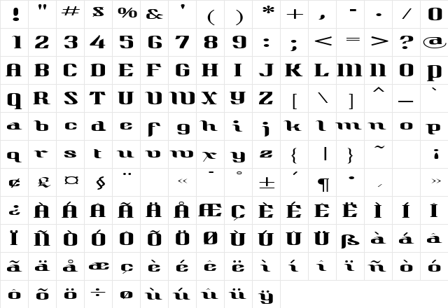 QuidicHatched Regular  glyph index