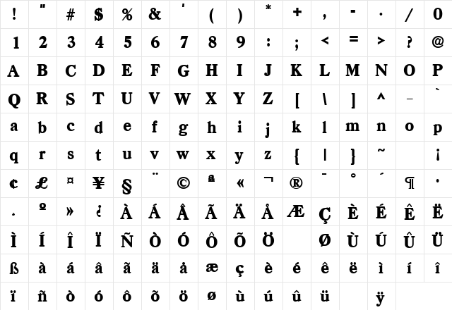 CasadLH Bold  glyph index