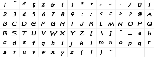 Quasar BoldItalic  glyph index