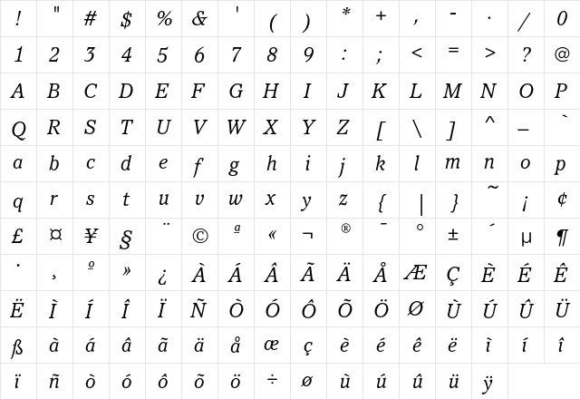 PacellaEF-BookItalic Regular  glyph index