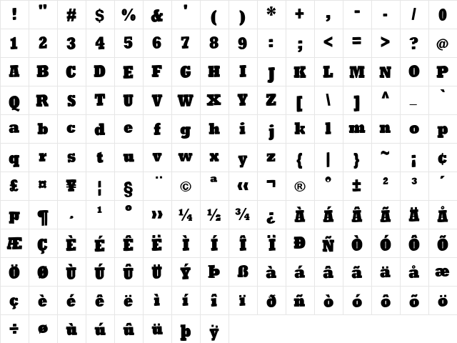 WindyCitySlab Regular  glyph index