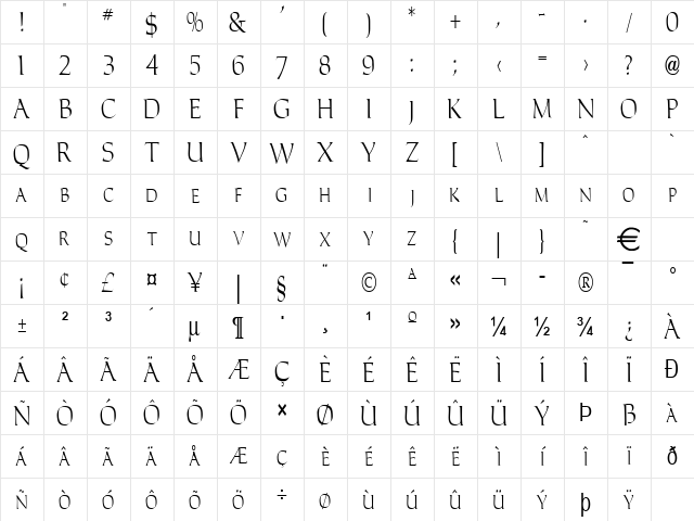 CarlaThin Normal  glyph index