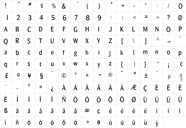 SilveradoMediumCondensed Roman  glyph index