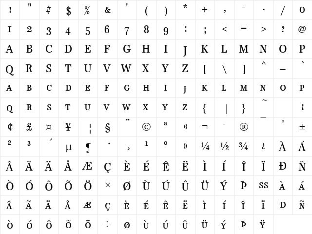 Becker Antiqua Caps Cond Regular  glyph index