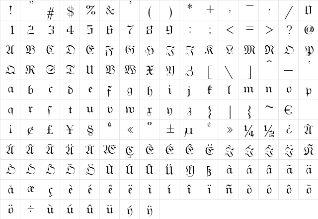 GothicG Regular  glyph index