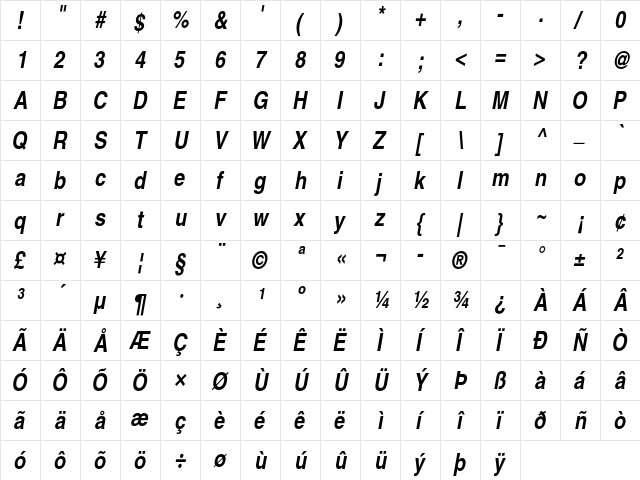 Helvetica Bold Narrow Oblique  glyph index