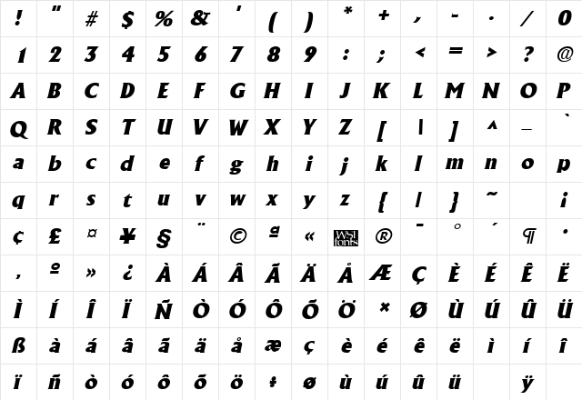 AlbertaHeavy Italic  glyph index