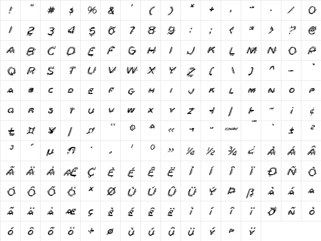 Berserker Italic Italic  glyph index
