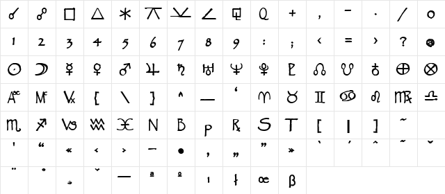 Widget Bold  glyph index