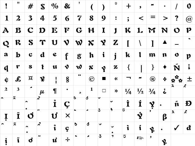 VNI-Freeform Bold  glyph index