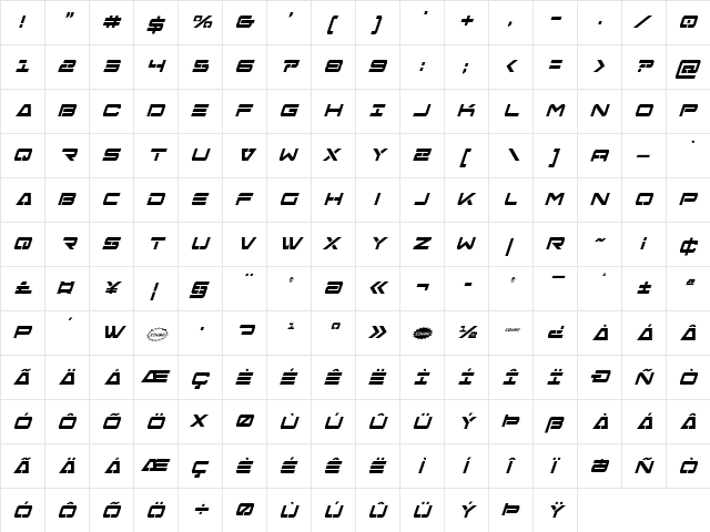 Free Agent Bold Condensed Italic Condensed Italic  glyph index