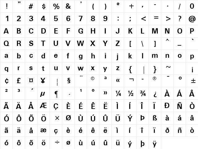 Black Dog 12 Bold  glyph index