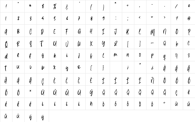 Winter Lova Regular  glyph index