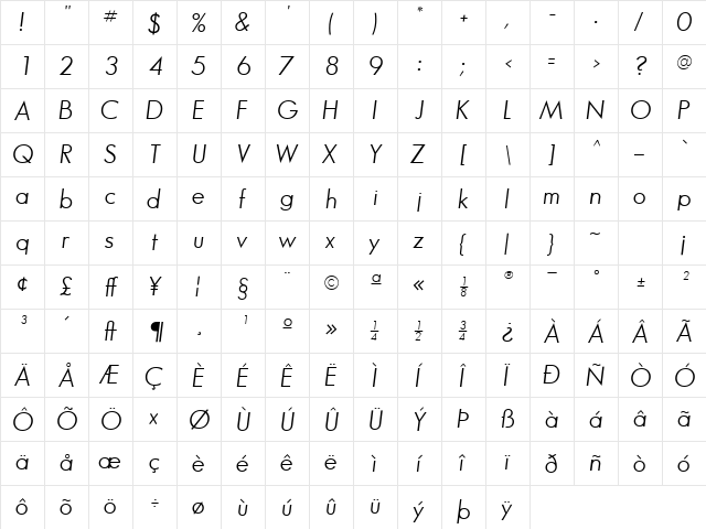 Bougan Book SSi Book Italic  glyph index