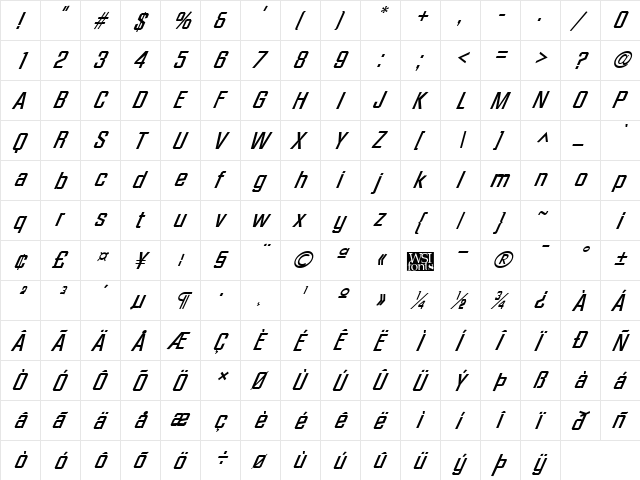 Facet-XXitalic Bold  glyph index