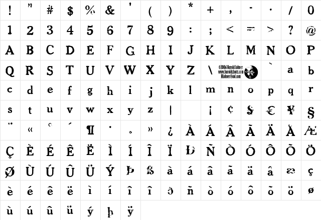 CheltPressDarkVariegated Regular  glyph index