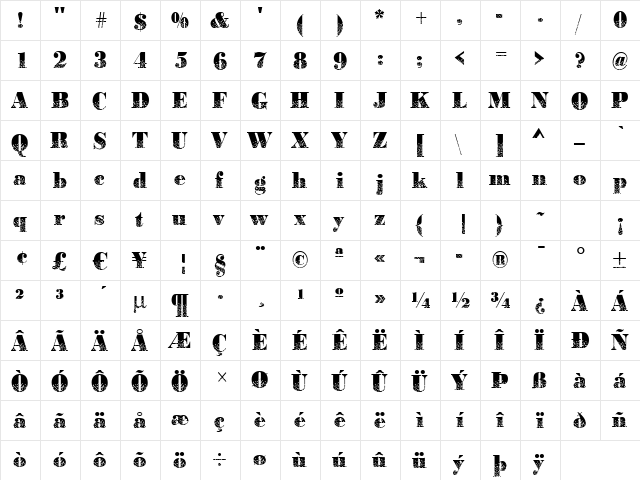 BodoniDirections2 Regular  glyph index