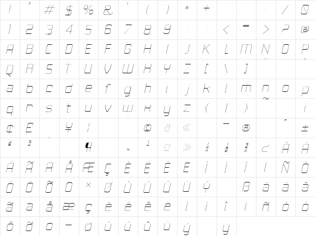 21st SuperFineItalic  glyph index