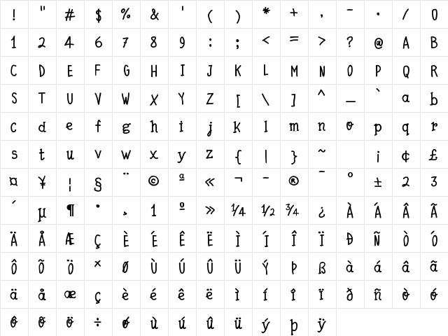 Quick Writing Bold  glyph index