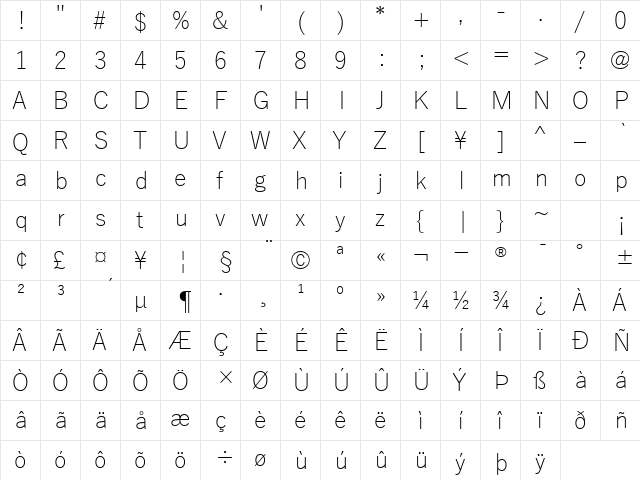 Yu Gothic Light Regular  glyph index
