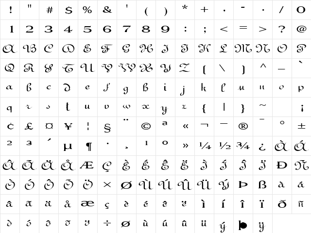 BedFord Regular  glyph index