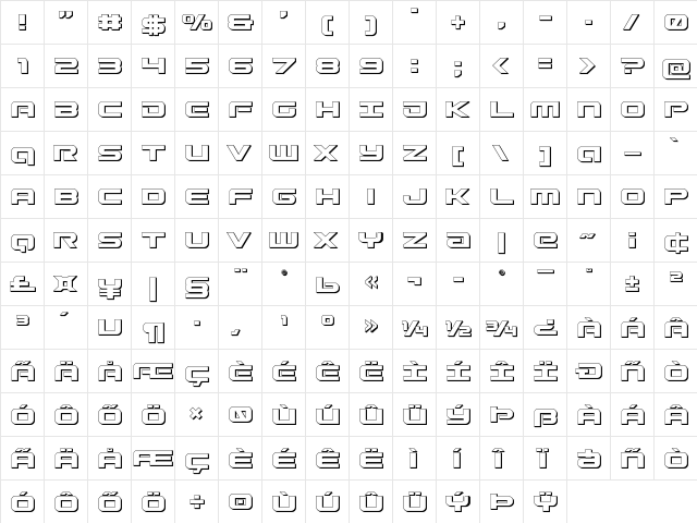 Gunship 3D Regular  glyph index
