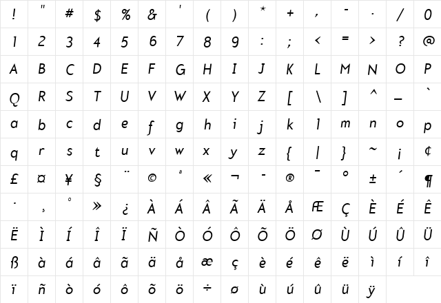 Mercury Medium Italic  glyph index