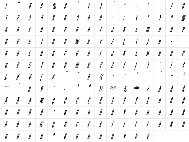 Y-Files Super-Italic Italic  glyph index