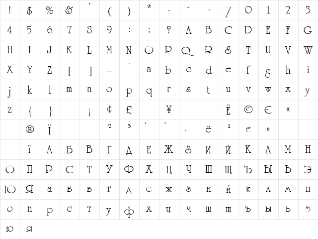 Unicorn Rus Regular  glyph index
