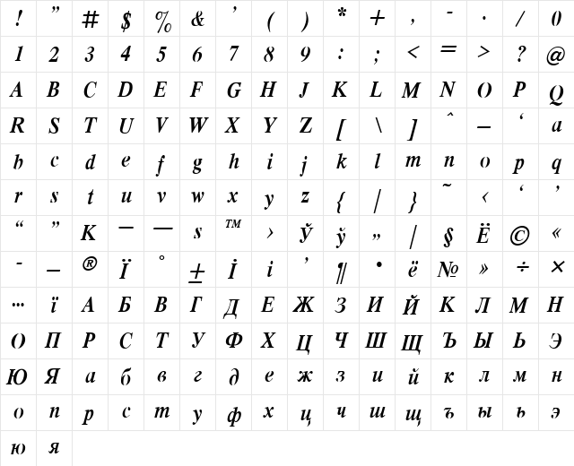 Respect Narrow Bold Italic  glyph index