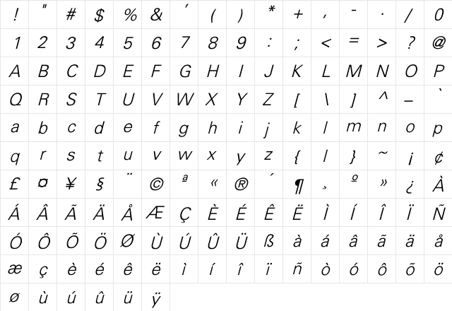 Univers-Light Italic  glyph index