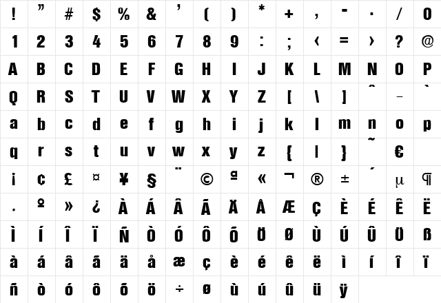 Olympia-ExtraBoldCond Regular  glyph index